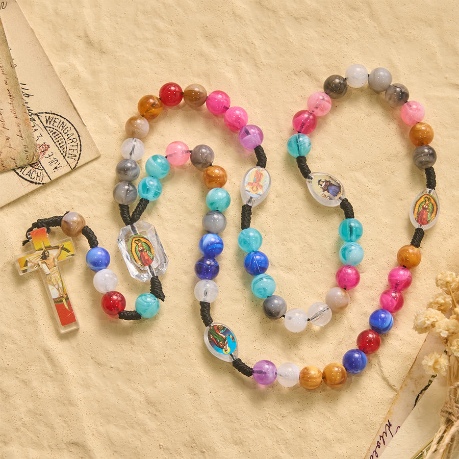 Multicolor Swirl Resin Bead Knotted Cord Rosary With Our Lady & INRI Crucifix Pendant