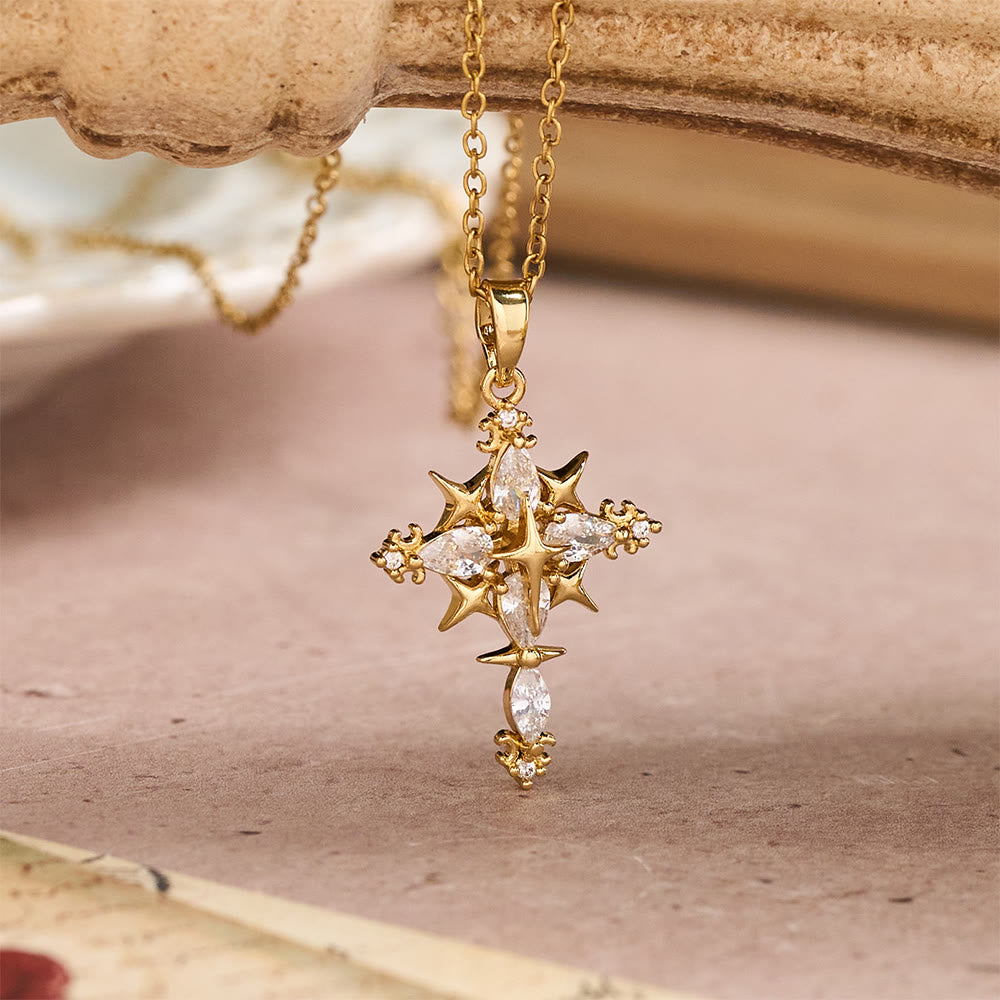 Star Accent Marquise Crystal Sacred Cross Pendant Necklace: Timeless Emblem of Radiant Heavenly Faith
