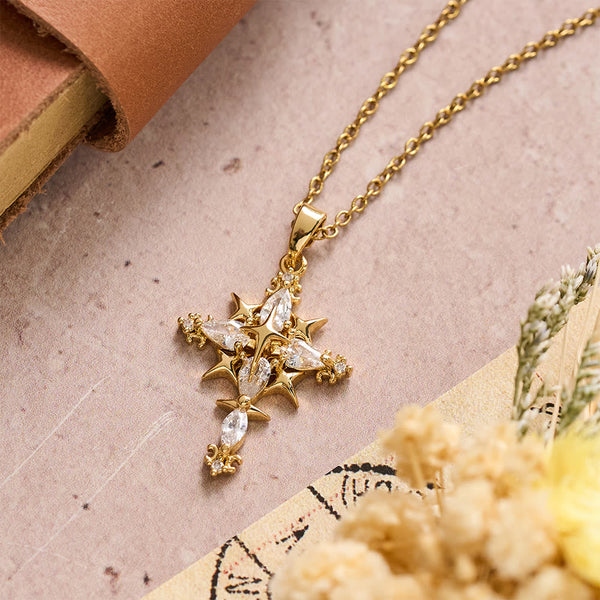 Star Accent Marquise Crystal Sacred Cross Pendant Necklace: Timeless Emblem of Radiant Heavenly Faith