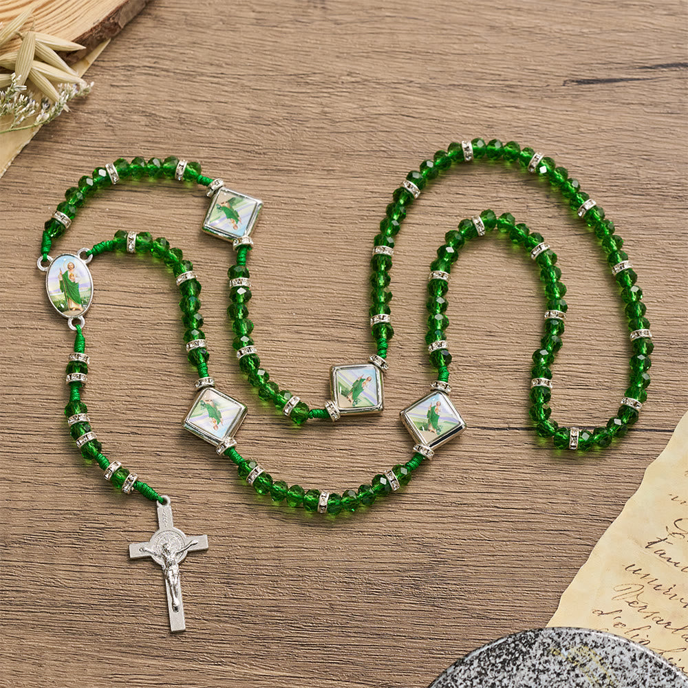 Emerald Transparent Round Bead Rosary With St. Patrick Saint Portrait Plaques & INRI Crucifix