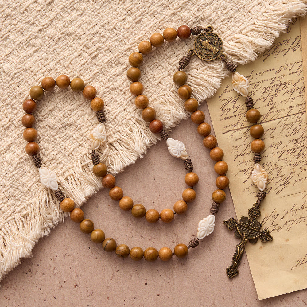 Natural Green Sandalwood Bead Cord Rosary With St.Benedict Medal Floral Frame Crucifix