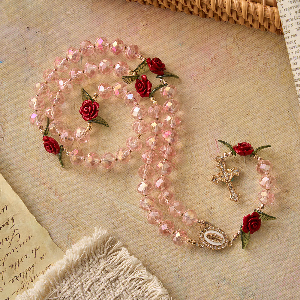 Faceted Pink Glass Bead Handmade Rose Our Lady of Guadalupe with Crucifix Prayer Rosary