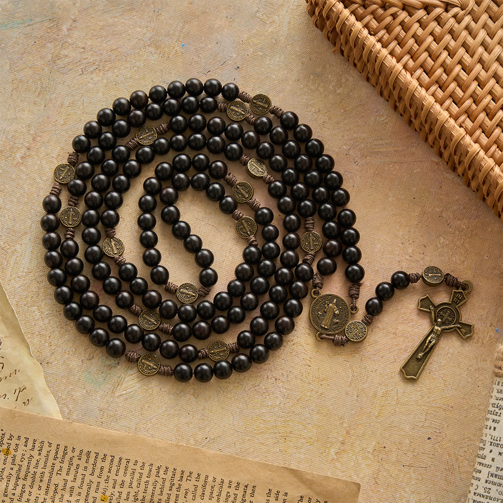 15 Decade Polished Ebony Wood Bead Full St.Benedict Engraved Rosary