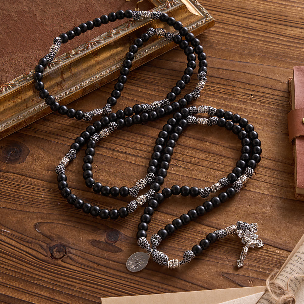 15 Decade Paracord Matte Black Bead Carved Floral Spacer Sacred Rosary