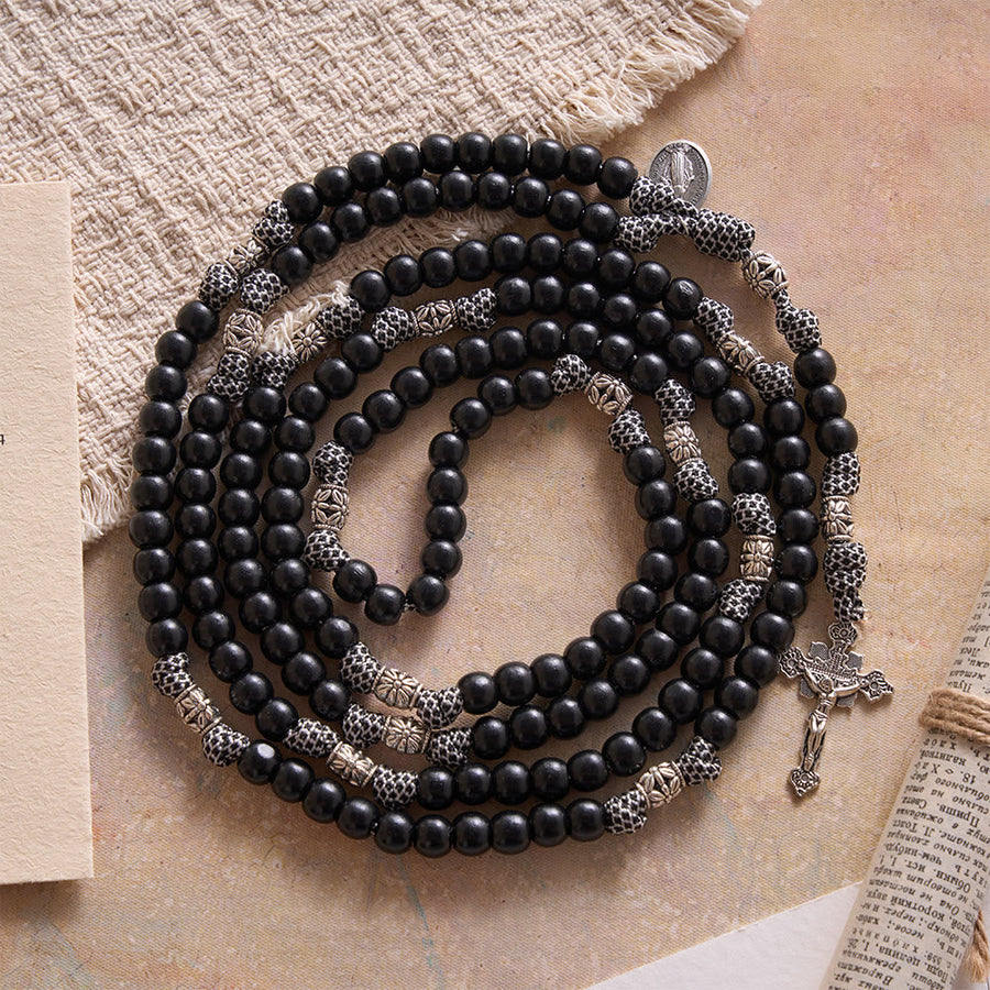 15 Decade Paracord Matte Black Bead Carved Floral Spacer Sacred Rosary