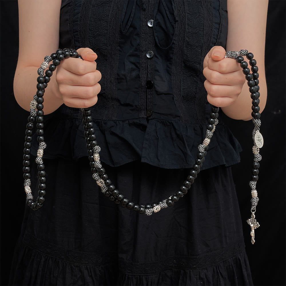 15 Decade Paracord Matte Black Bead Carved Floral Spacer Sacred Rosary
