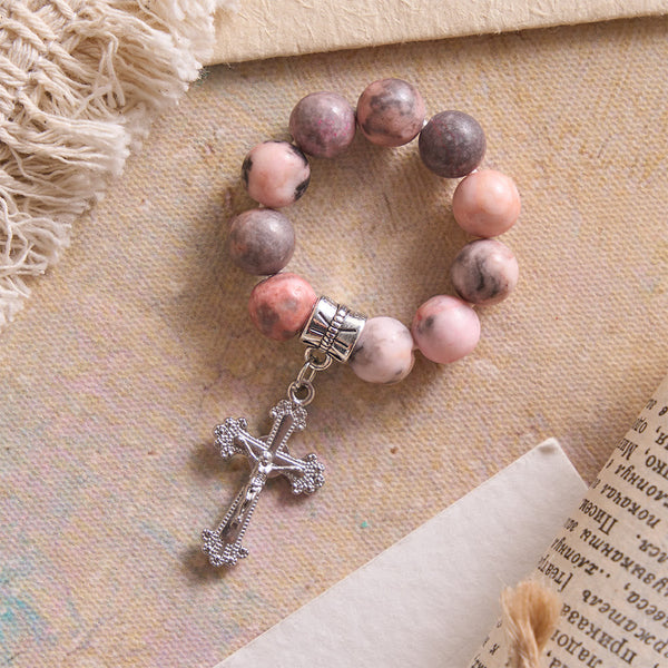 Natural Veined Pink Opal Floral Border Crucifix Finger Rosary