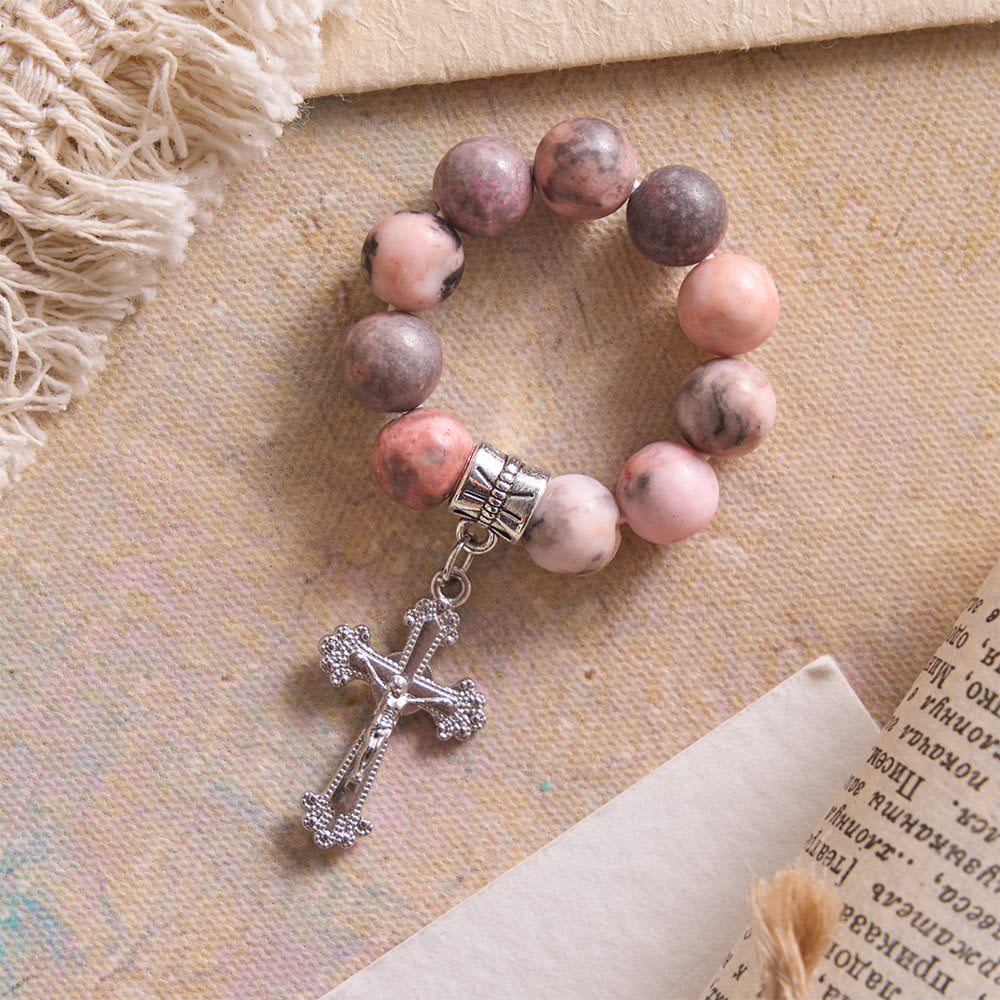 Natural Veined Pink Opal Floral Border Crucifix Finger Rosary
