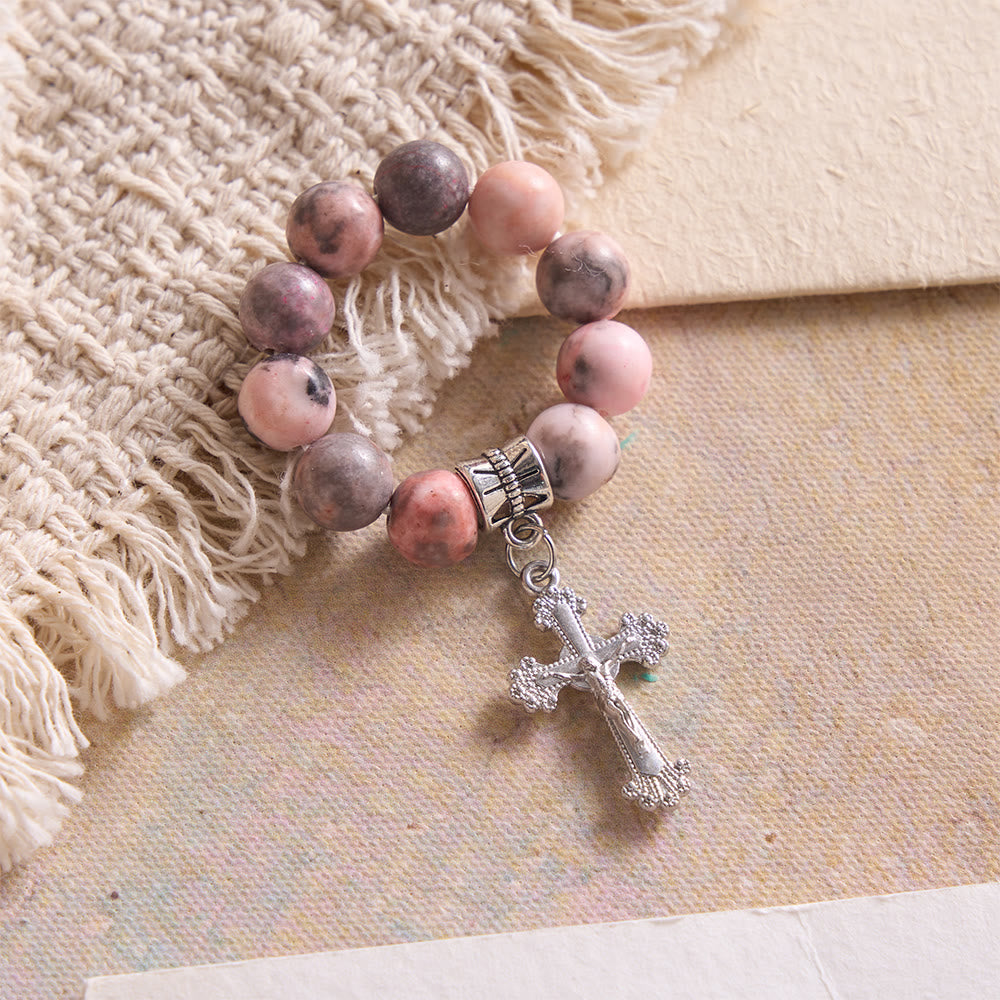 Natural Veined Pink Opal Floral Border Crucifix Finger Rosary