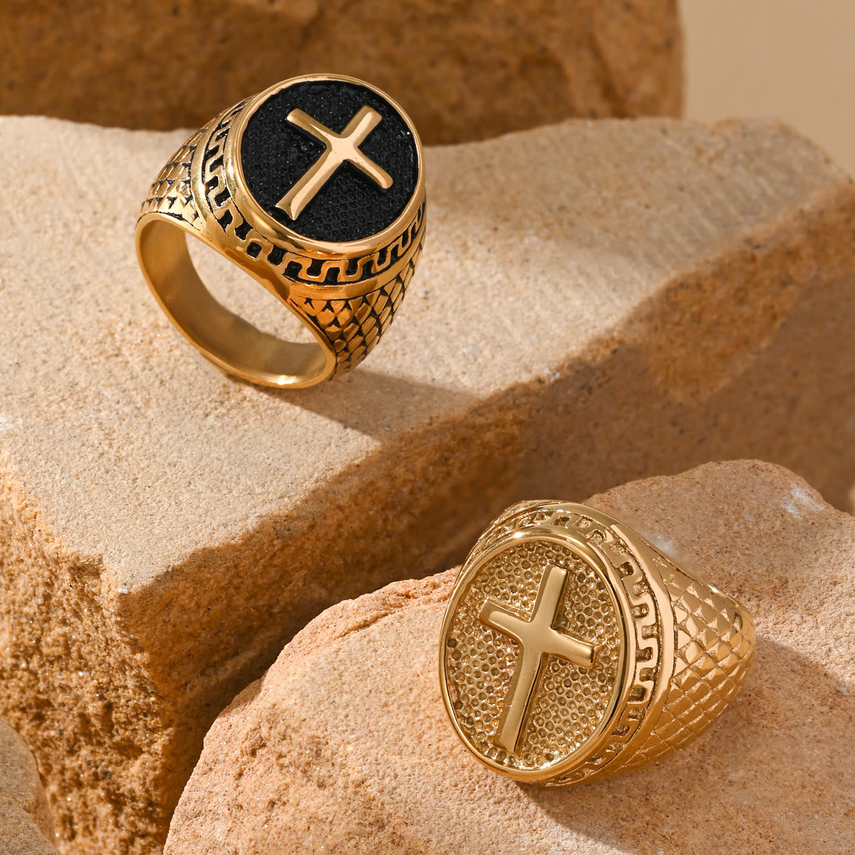 Oval Plaque Raised Cross Textured Side Signet Ring: Timeless Emblem of Unshakable Sacred Faith