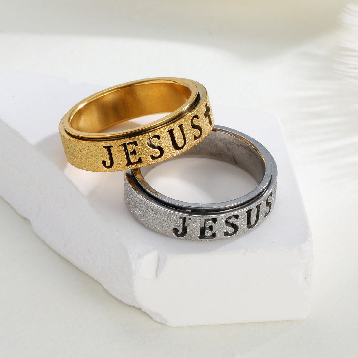Engraved JESUS Text Cross Rotatable Anxiety Relief Band Ring: Timeless Emblem of Unshakable Sacred Faith