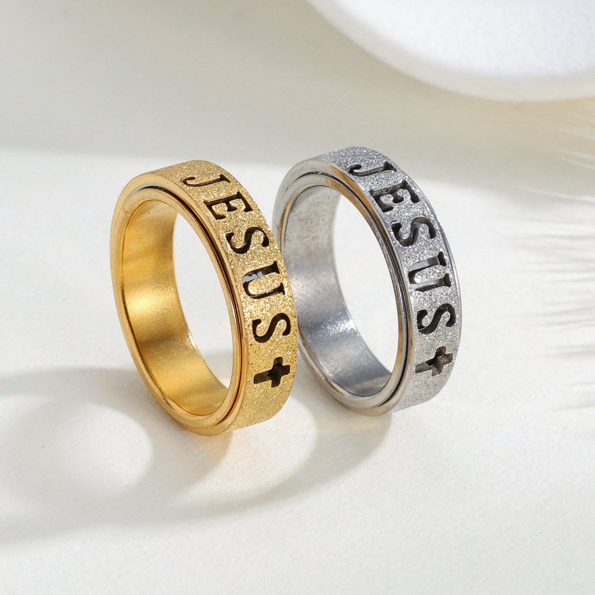 Engraved JESUS Text Cross Rotatable Anxiety Relief Band Ring: Timeless Emblem of Unshakable Sacred Faith
