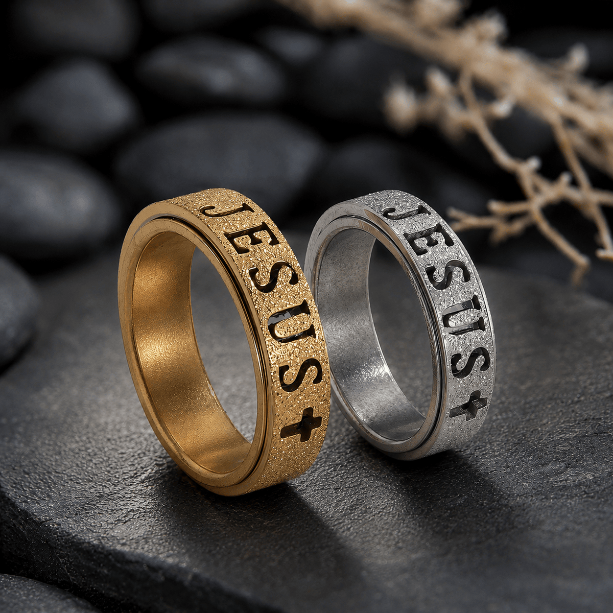 Engraved JESUS Text Cross Rotatable Anxiety Relief Band Ring: Timeless Emblem of Unshakable Sacred Faith