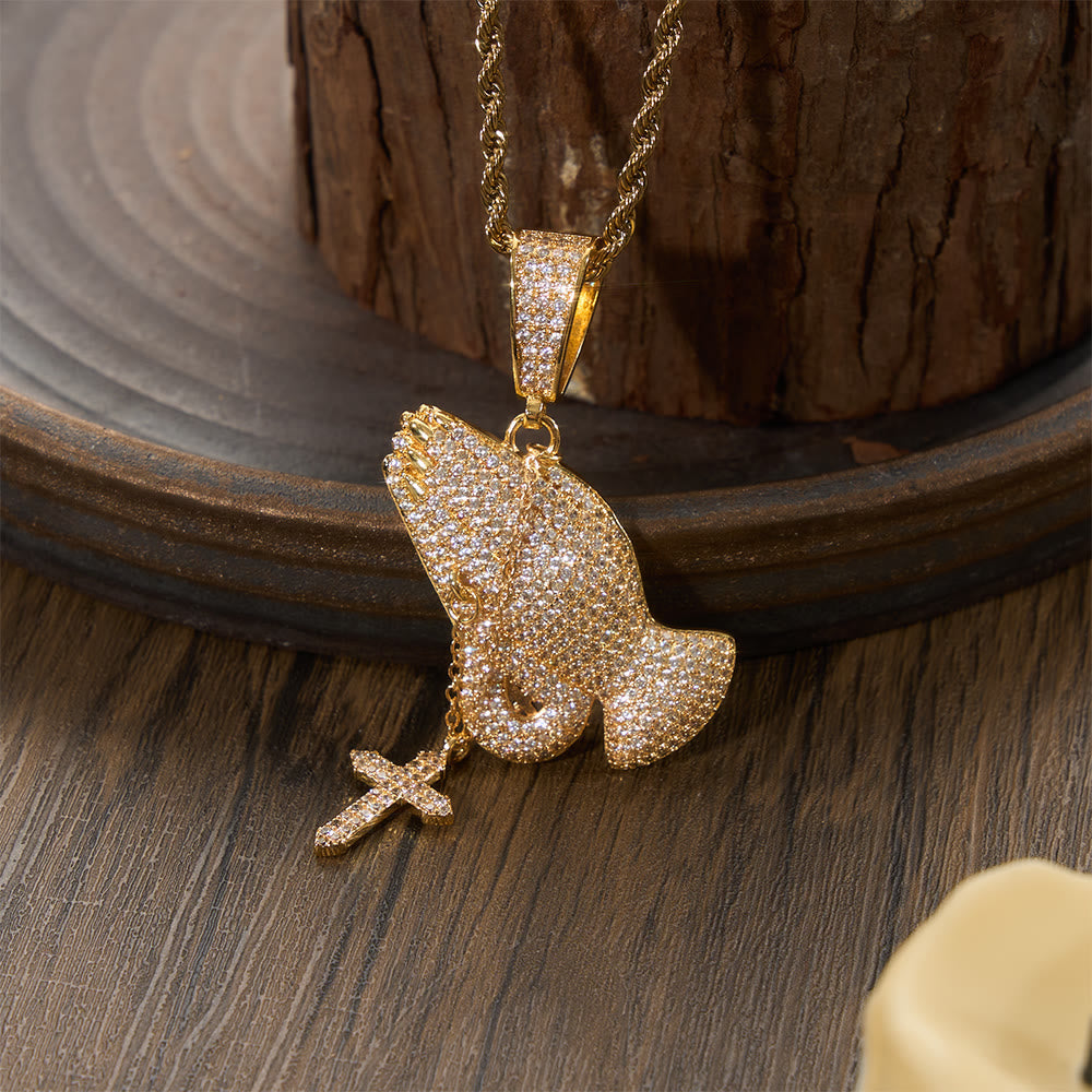 Full Pave Praying Hands Pendant With Hanging Cross Necklace: Timeless Emblem of Sincere Devout Prayer
