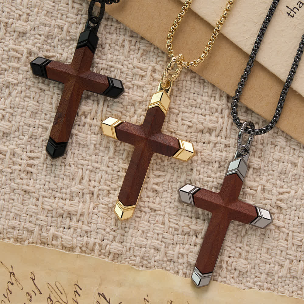 Two-Tone Stainless Steel Inlaid Solid Wood Cross Pendant Box Chain Necklace