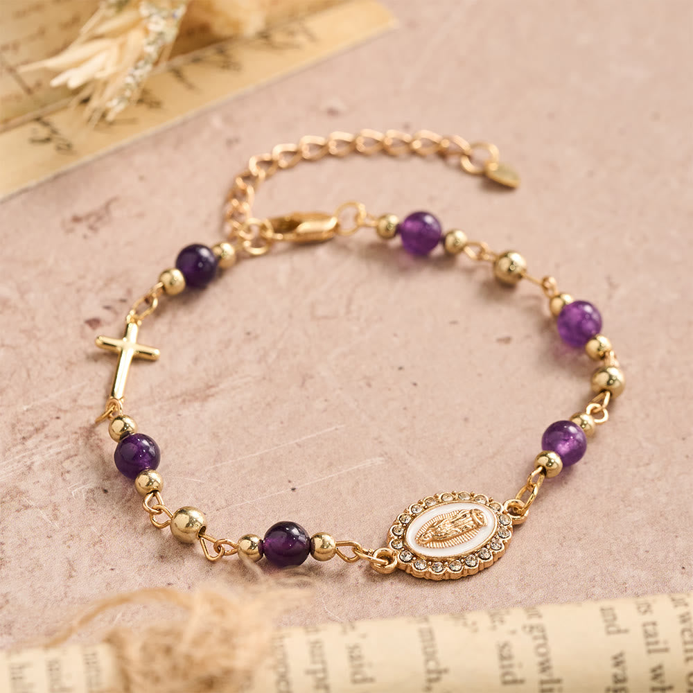 Our Lady Oval Plaque Cross Natural Stone Adjustable Bracelet: Personalized Emblem of Steadfast Heavenly Faith
