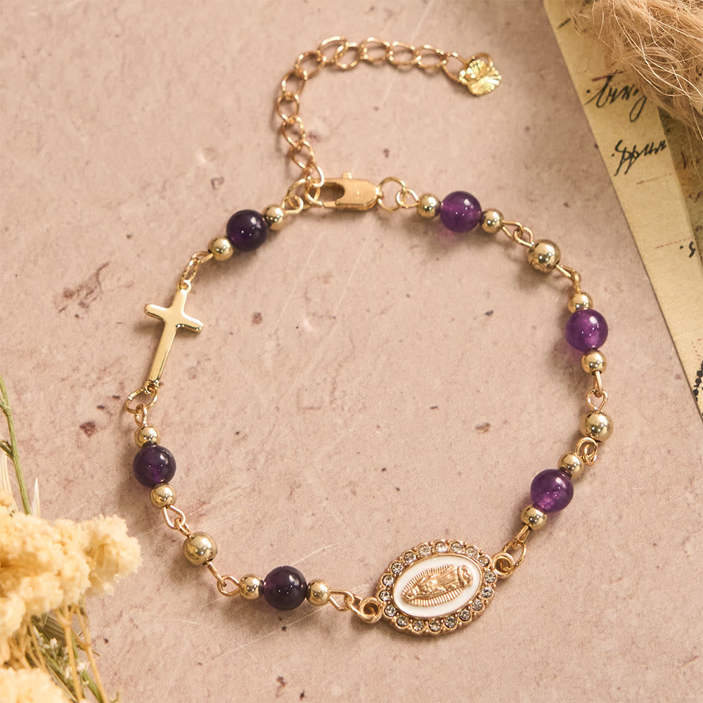 Our Lady Oval Plaque Cross Natural Stone Adjustable Bracelet: Personalized Emblem of Steadfast Heavenly Faith