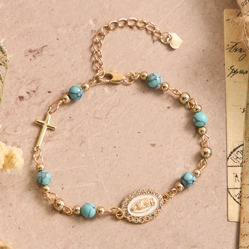 Our Lady Oval Plaque Cross Natural Stone Adjustable Bracelet: Personalized Emblem of Steadfast Heavenly Faith
