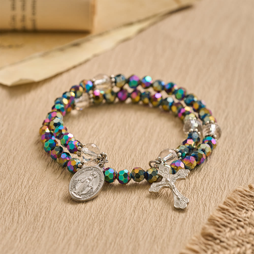 Faceted Bead Virgin Mary Medal Crucifix Wrap Bracelet: Personalized Emblem of Steadfast Heavenly Faith