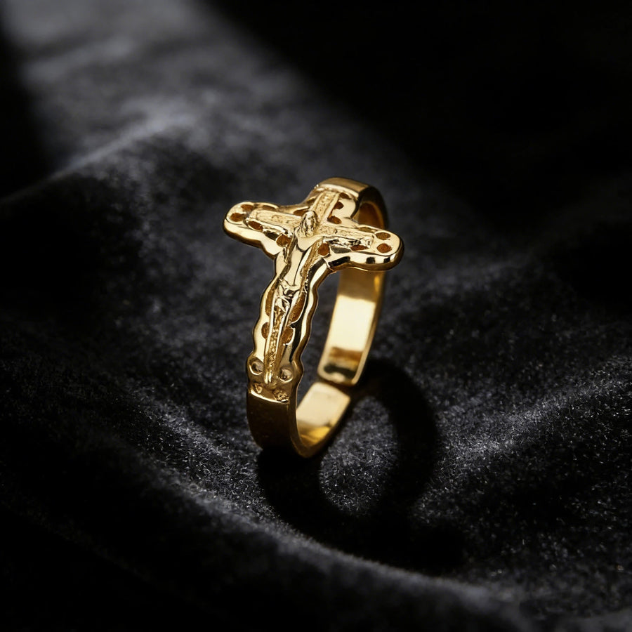 Hollow Outline Crucifix Adjustable Open Ring: Personalized Emblem of Steadfast Heavenly Faith