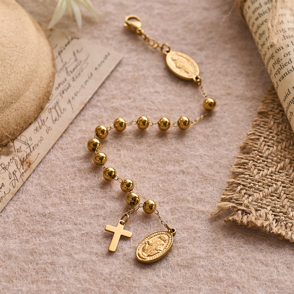 Smooth Round Bead Virgin Mary Medal Dangle Cross Extension Bracelet: Personalized Emblem of Steadfast Heavenly Faith