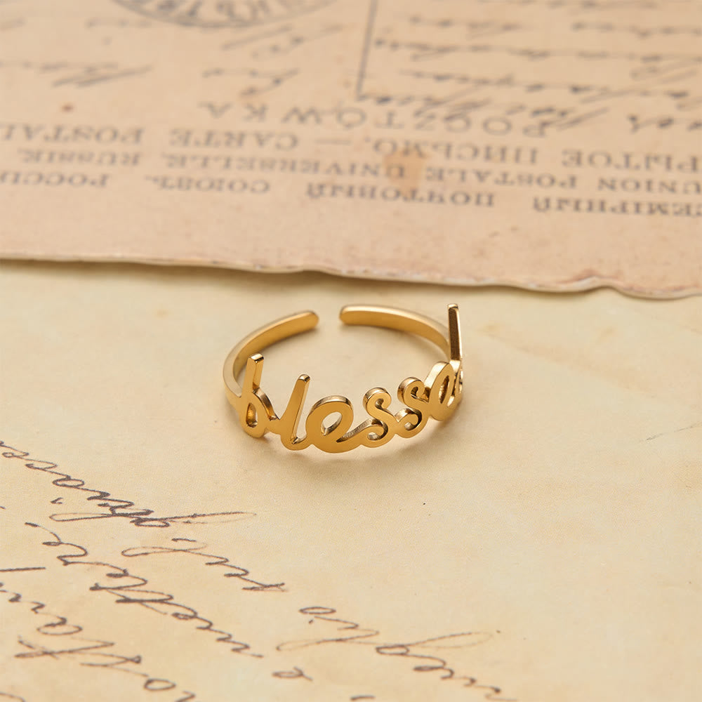 Cursive Blessed Word Open Adjustable Ring: Personalized Emblem of Steadfast Heavenly Faith