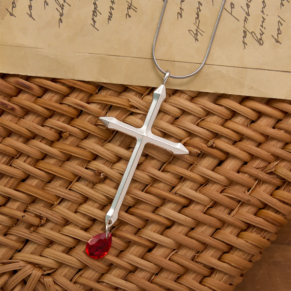 Sword Cross Necklace with Red Zircon Drop: A Sacred Keepsake for Believers