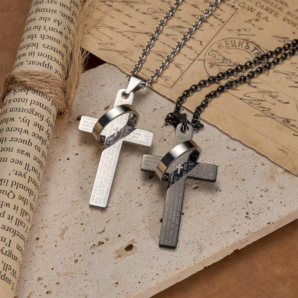Lord’s Prayer Engraved Cross Pendant Necklace with Spinning Ring