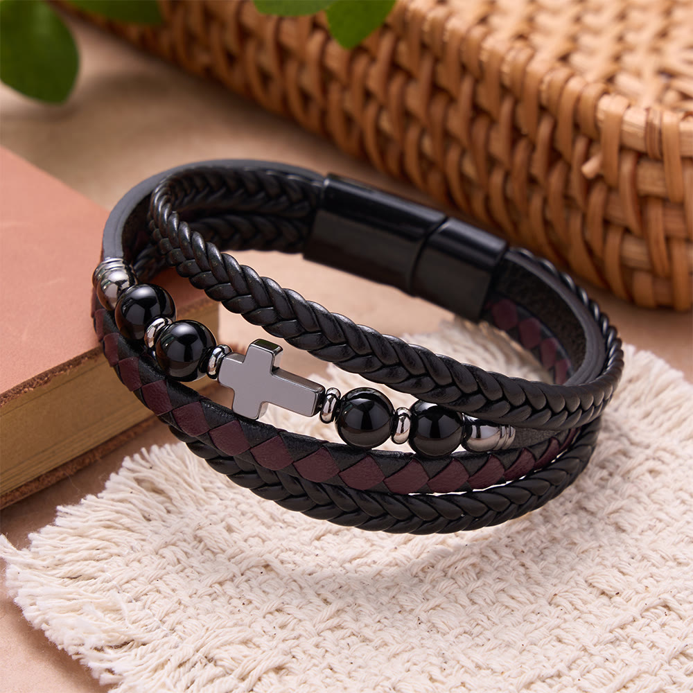 Natural Stone Cross Accent Braided Wrap Bracelet: Personalized Emblem of Abiding Divine Tenderness