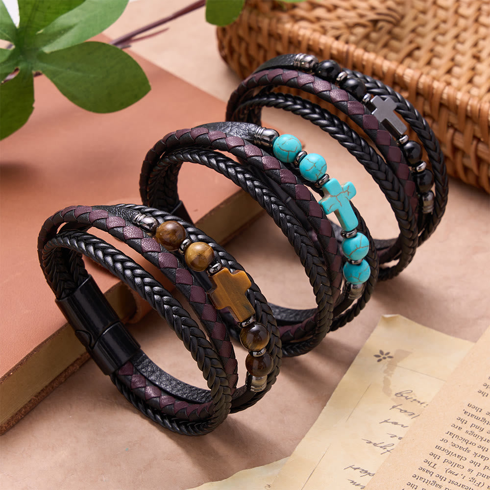 Natural Stone Cross Accent Braided Wrap Bracelet: Personalized Emblem of Abiding Divine Tenderness