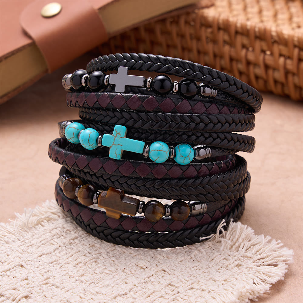 Natural Stone Cross Accent Braided Wrap Bracelet: Personalized Emblem of Abiding Divine Tenderness