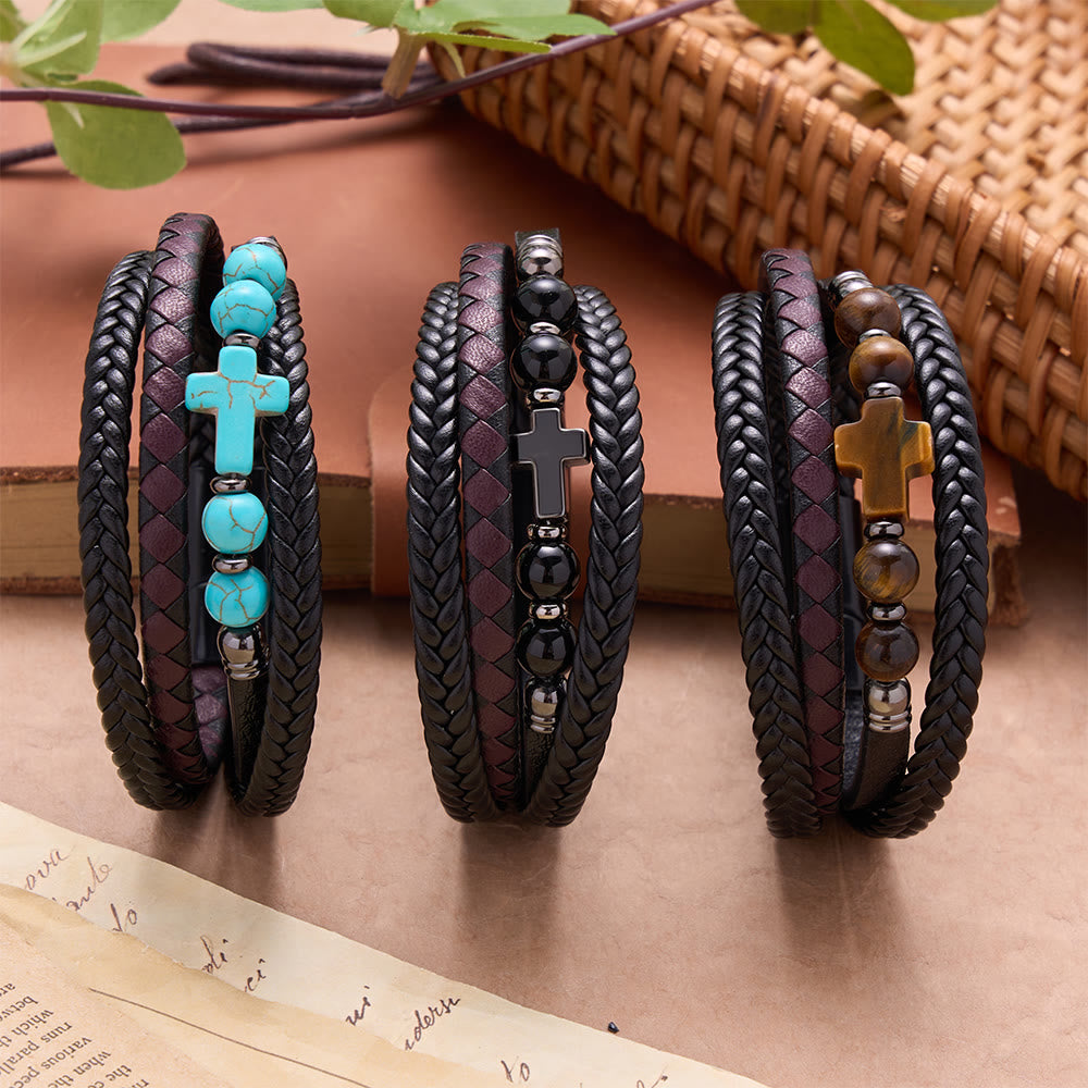Natural Stone Cross Accent Braided Wrap Bracelet: Personalized Emblem of Abiding Divine Tenderness