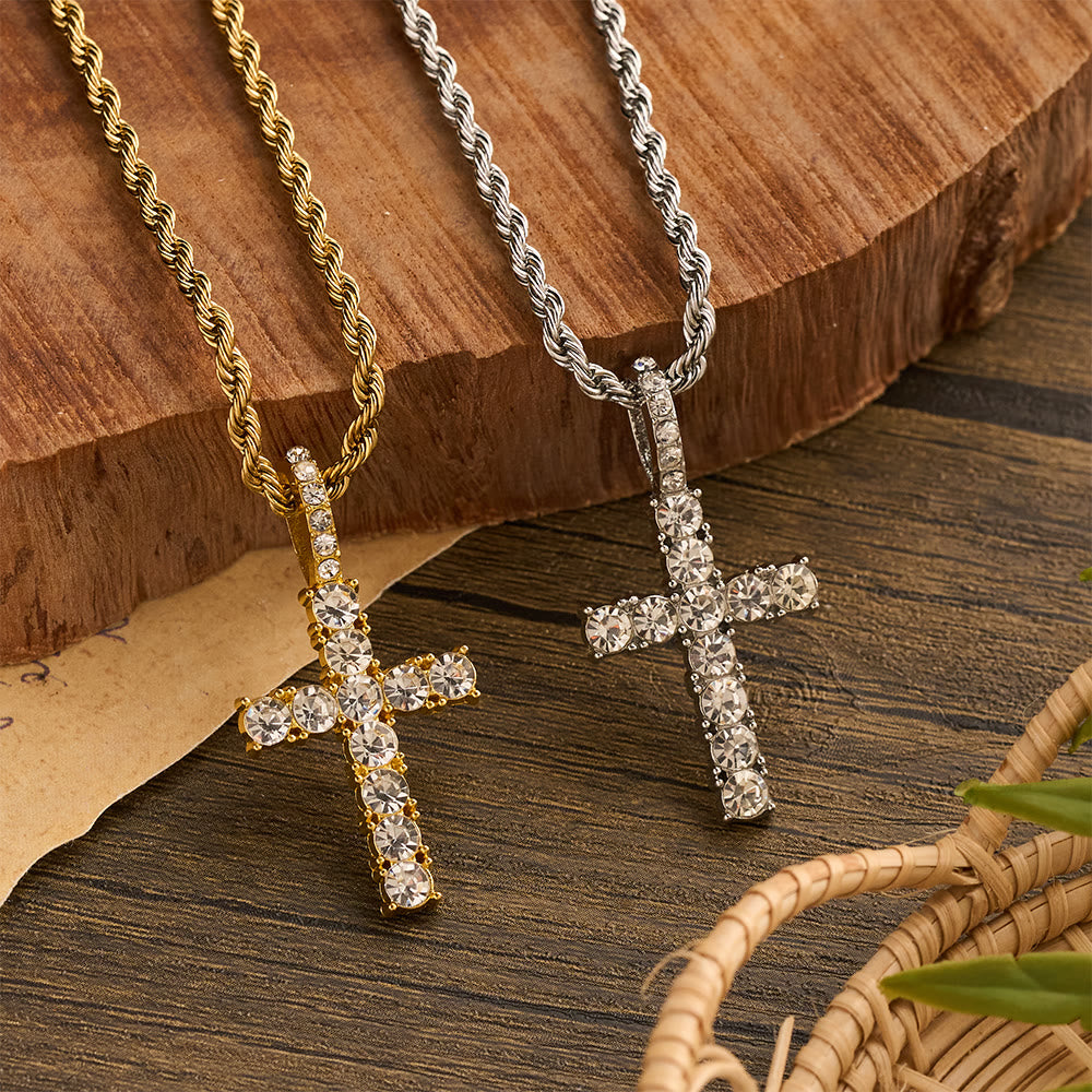 Smooth Twist Chain Full Stone Encrusted Cross Necklace: Timeless Emblem of Gentle Heavenly Guardianship