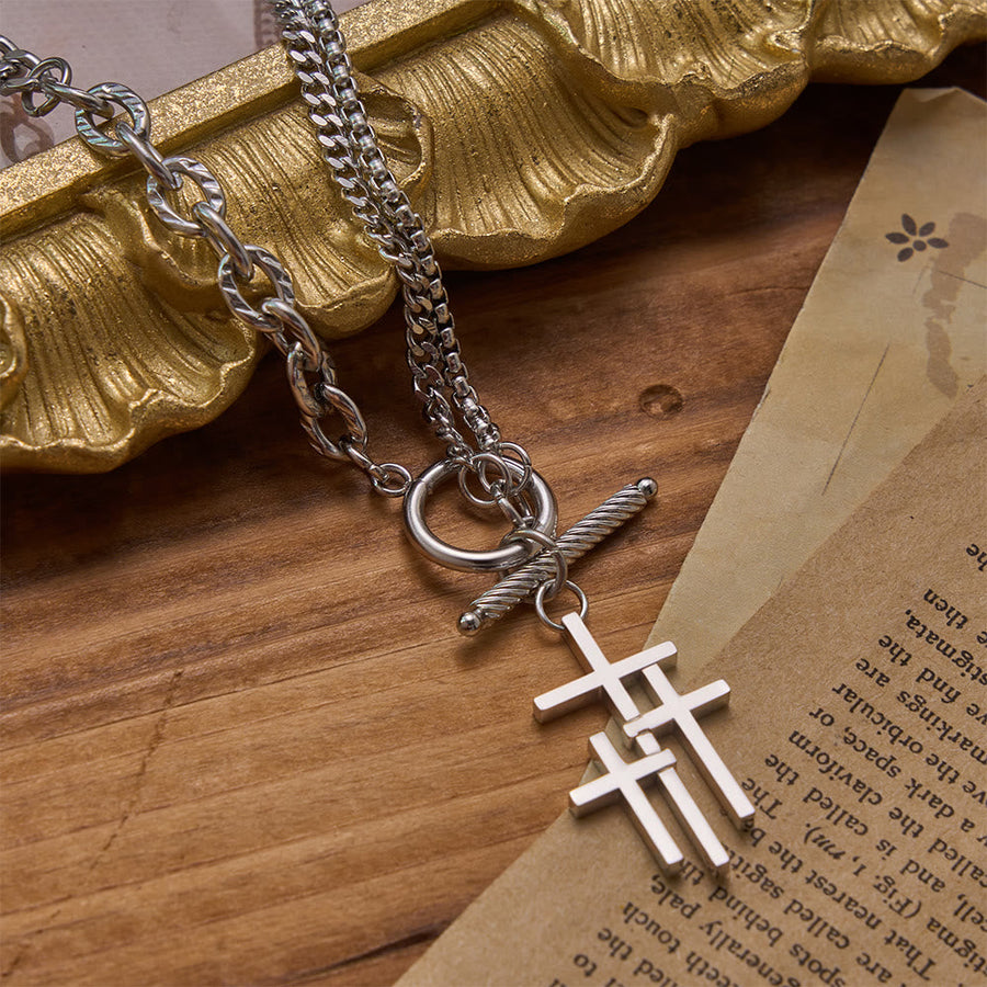 Triple Overlapping Cross Toggle Clasp Dual Textured Chain Necklace: Timeless Emblem of Gentle Heavenly Guardianship