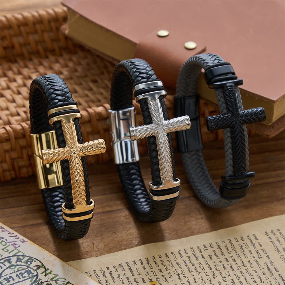 10-Color Braided Leather Cross Bracelet with Embossed Details: A Symbol of Rugged Faith