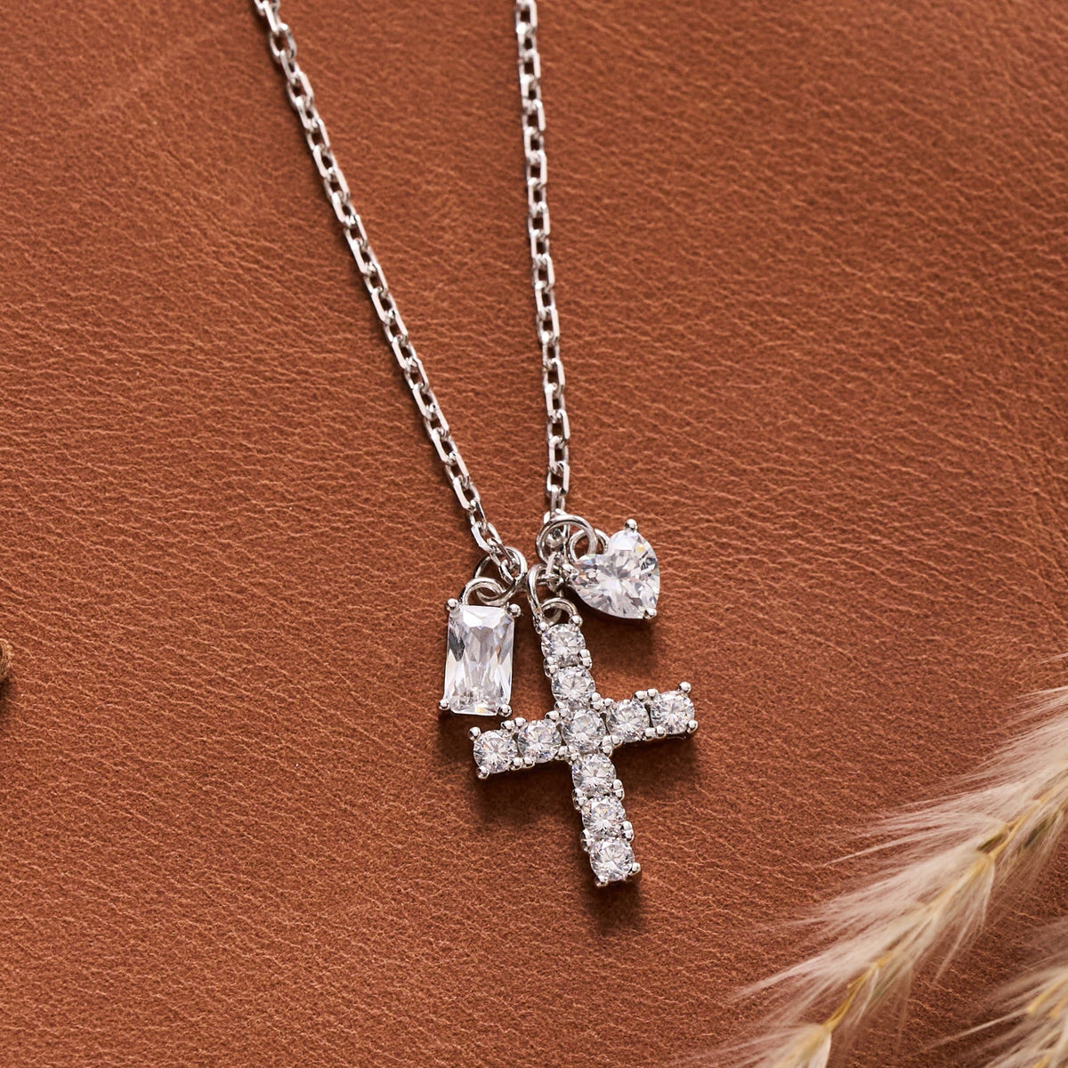 Round Stone Cross Heart & Rectangle Accent Cable Chain Sterling Silver Necklace: Timeless Emblem of Gentle Heavenly Guardianship