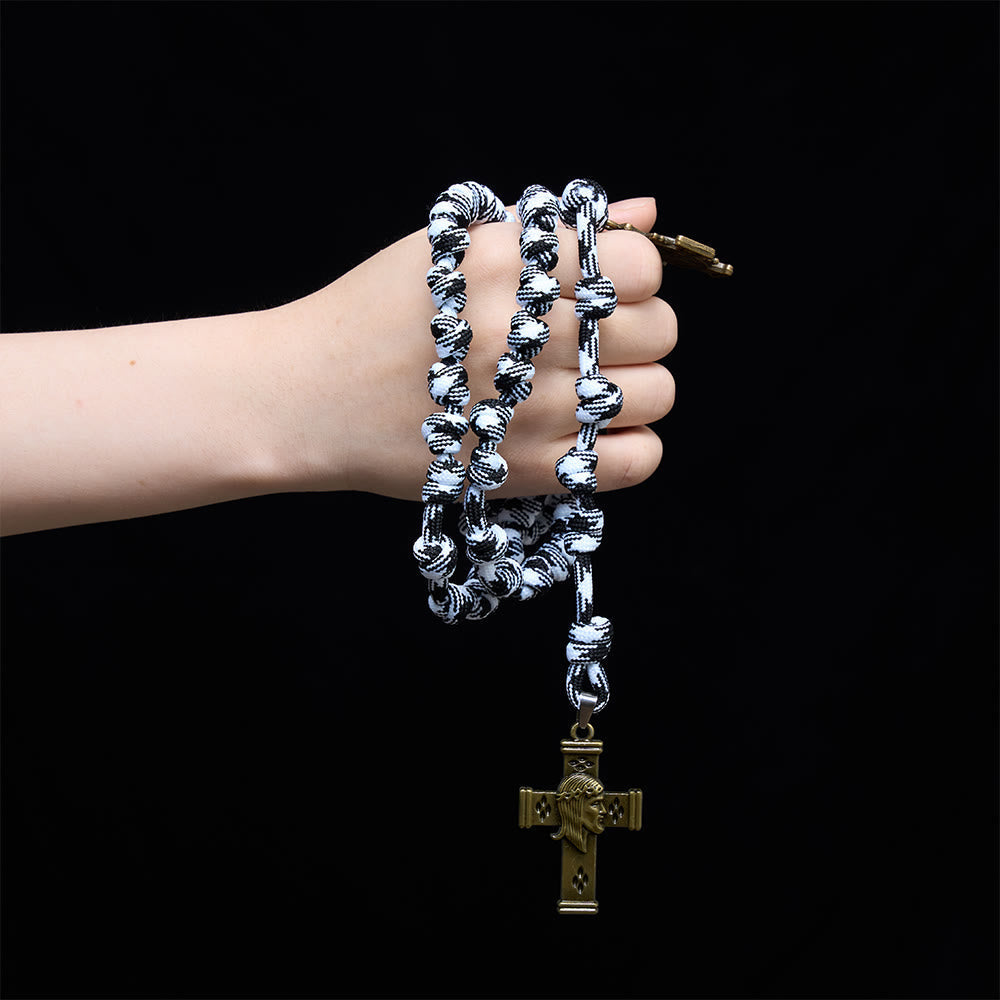 Black & White-Tone Twisted Paracord Knotted Rosary With St.Benedict Plaque & Jesus Cross