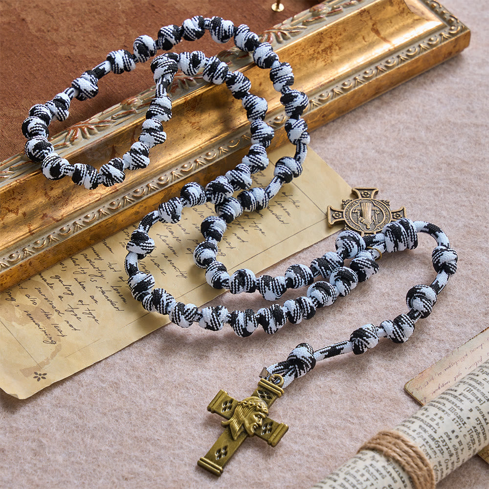 Black & White-Tone Twisted Paracord Knotted Rosary With St.Benedict Plaque & Jesus Cross