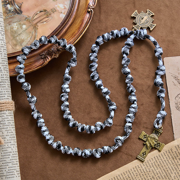 Black & White-Tone Twisted Paracord Knotted Rosary With St.Benedict Plaque & Jesus Cross