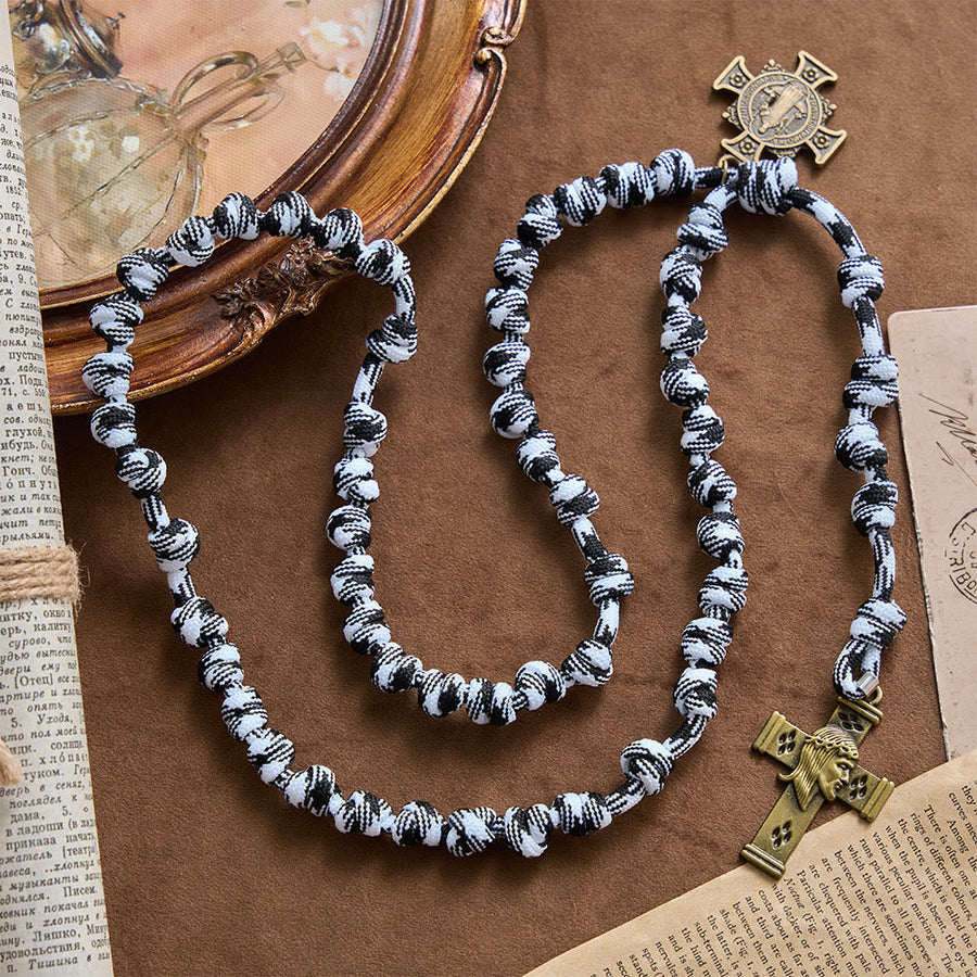 Black & White-Tone Twisted Paracord Knotted Rosary With St.Benedict Plaque & Jesus Cross