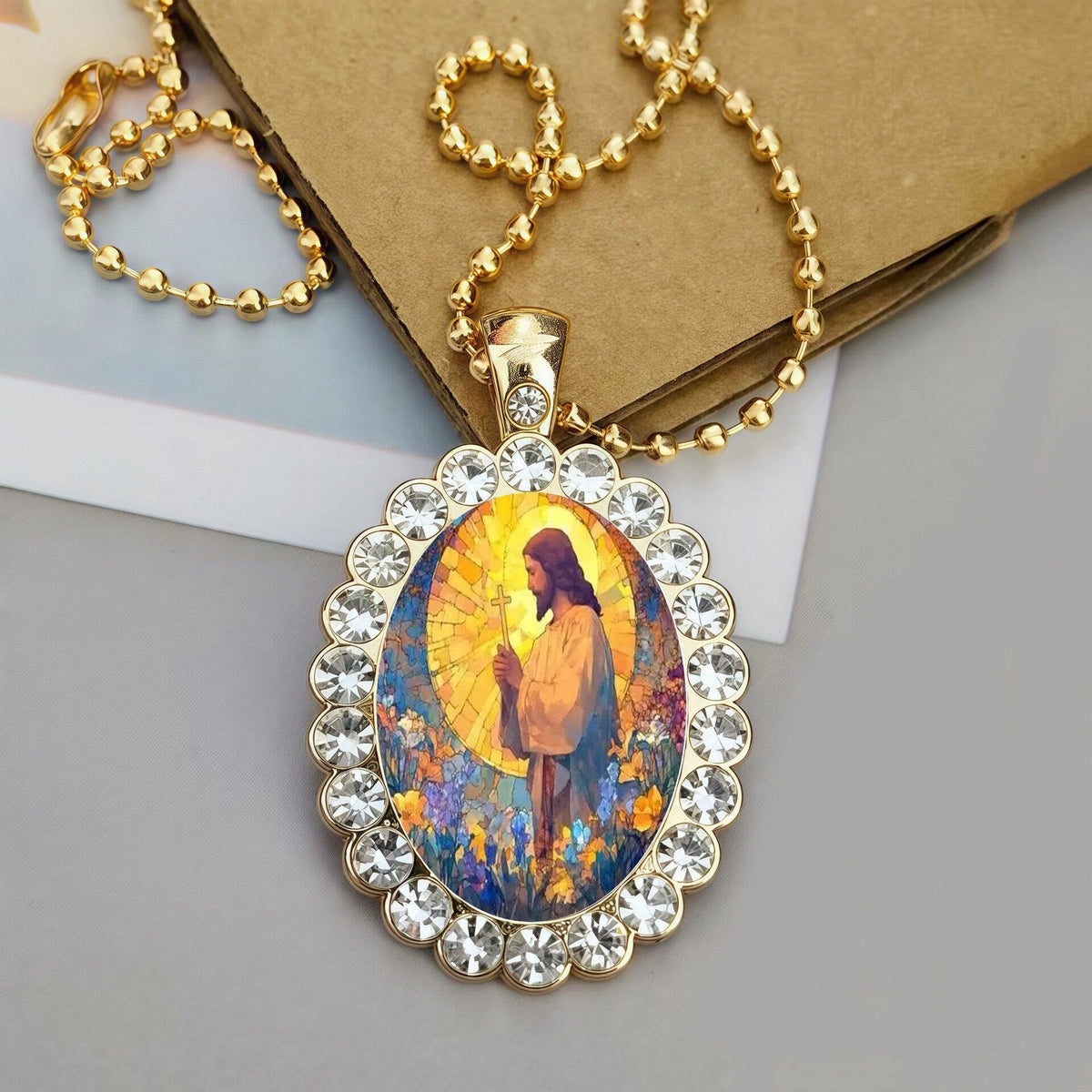 Oval Border Frame Jesus Portrait Ball Chain Necklace: Timeless Emblem of Gentle Heavenly Guardianship