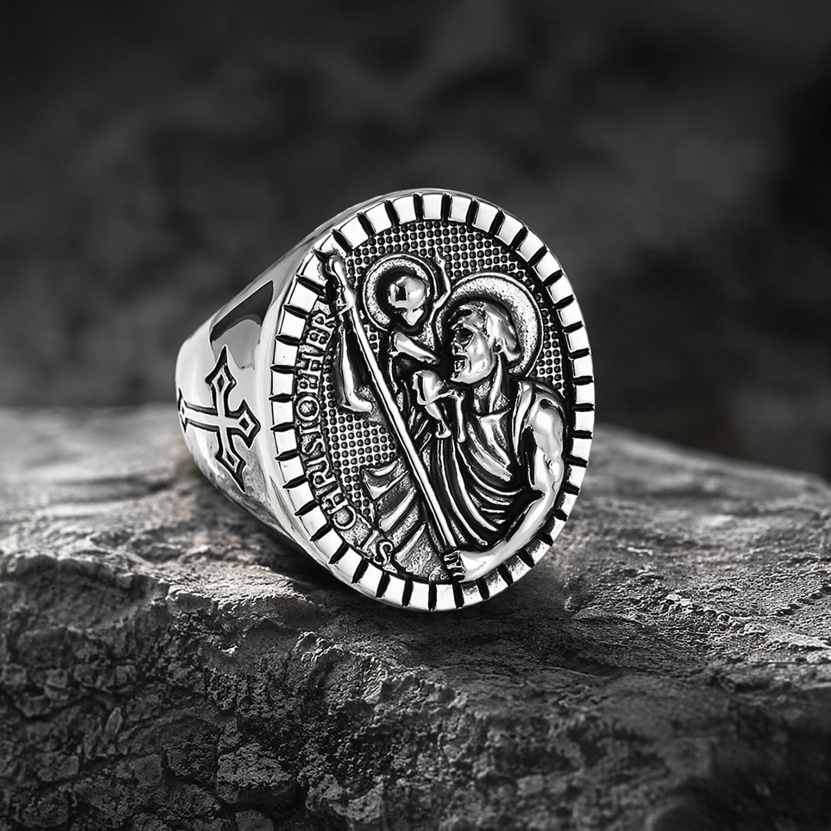 St. Christopher Round Ridged Border Signet Ring: Timeless Emblem of Unshakable Sacred Faith