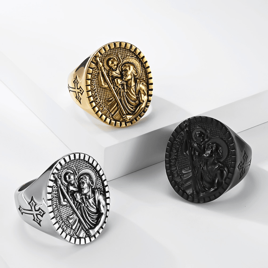 St. Christopher Round Ridged Border Signet Ring: Timeless Emblem of Unshakable Sacred Faith