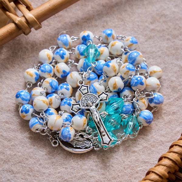 Soft Blue Floral Ceramic Bead Aqua Spacer Our Lady Crucifix Rosary