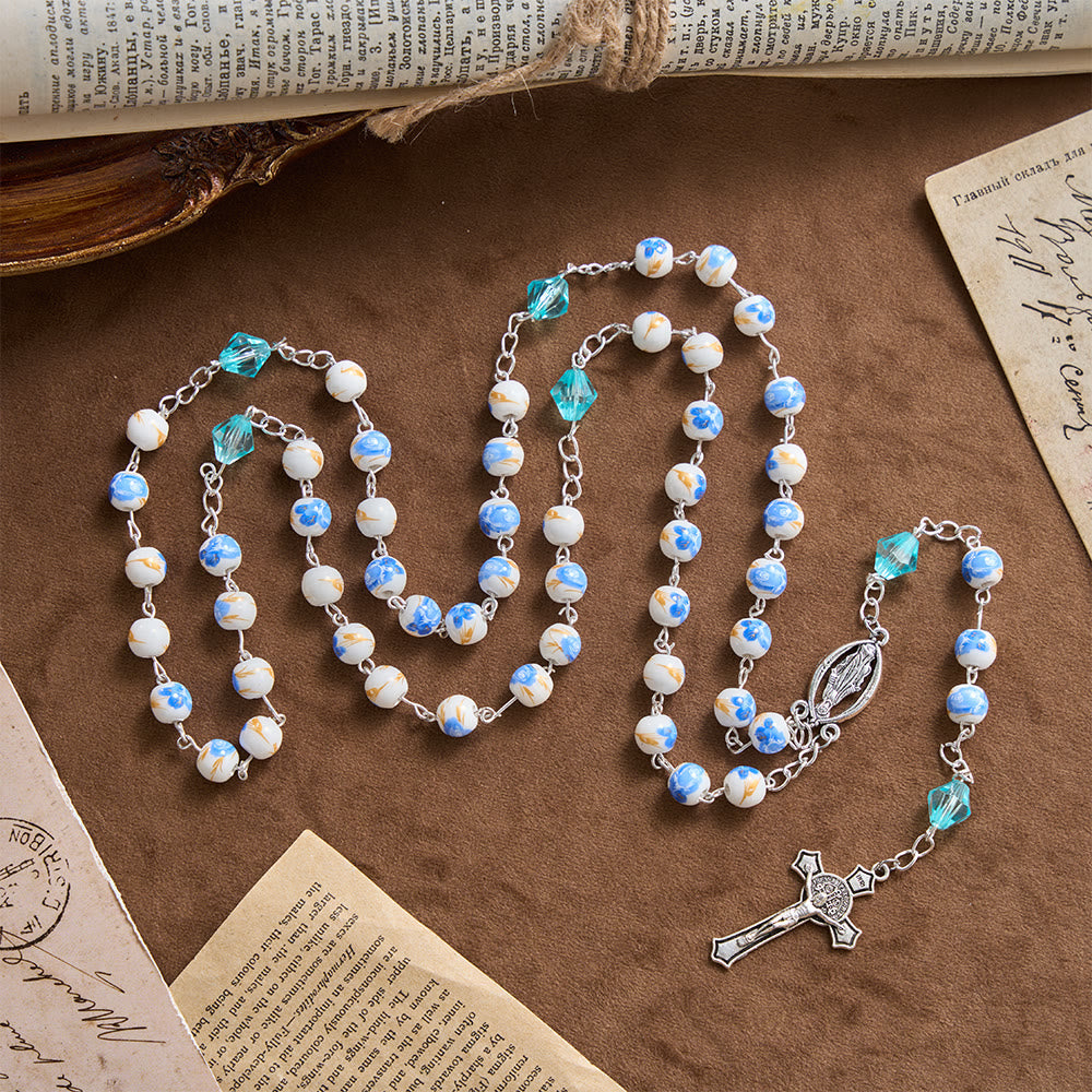 Soft Blue Floral Ceramic Bead Aqua Spacer Our Lady Crucifix Rosary
