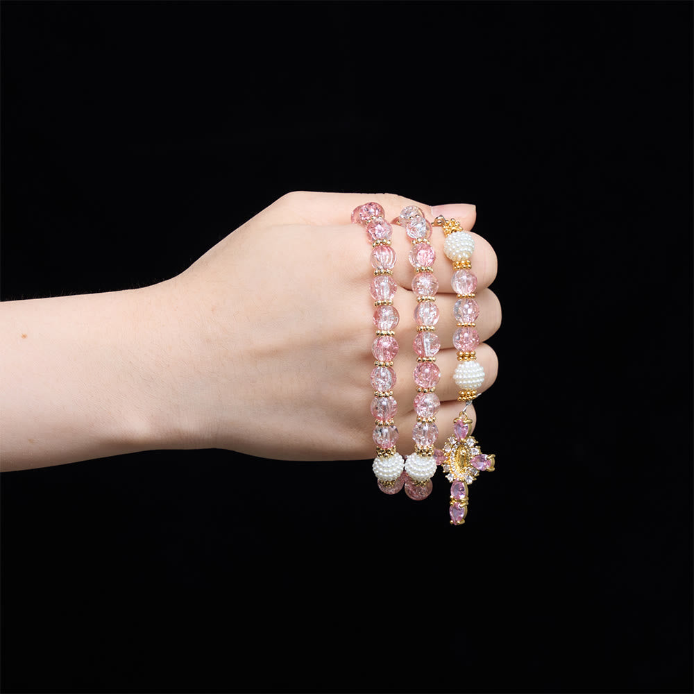 Glossy Transparent Crackle Glass Pink Tone Our Lady Accent Devotional Rosary