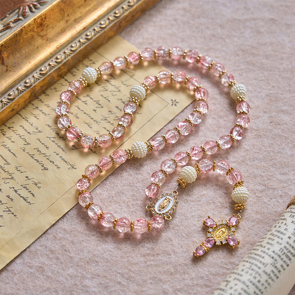 Glossy Transparent Crackle Glass Pink Tone Our Lady Accent Devotional Rosary