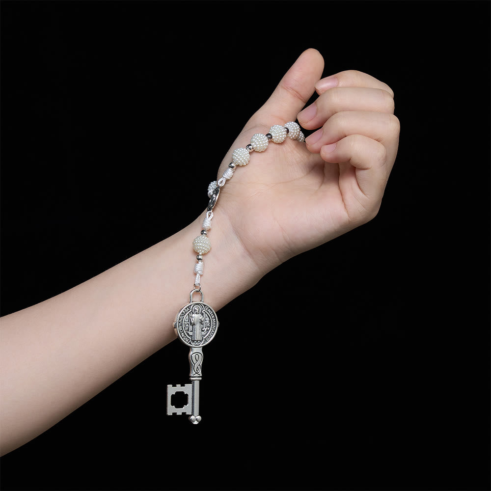 Pearl Cluster Bead Cord Pocket Rosary With Engraved St.Benedict Key Pendant