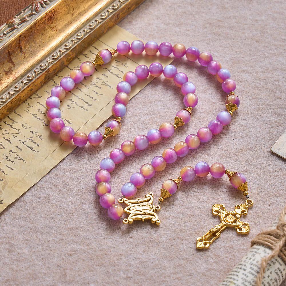 Gradient Iridescent Cat’s Eye Bead Crucifix & Arched Our Lady Prayer Rosary