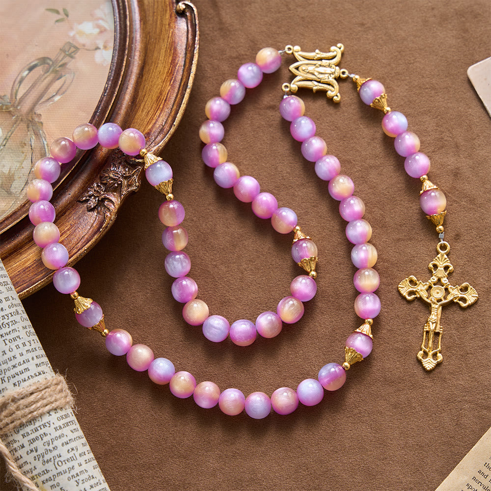 Gradient Iridescent Cat’s Eye Bead Crucifix & Arched Our Lady Prayer Rosary